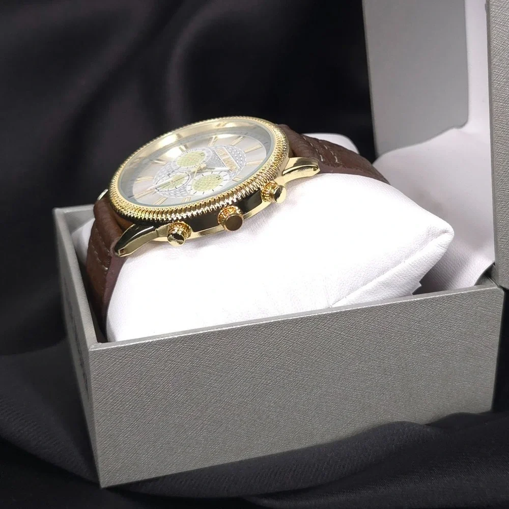 STEVE MADDEN New Men Watch Casual Brown Leather Gold ChRonograph SM-9192SVBN